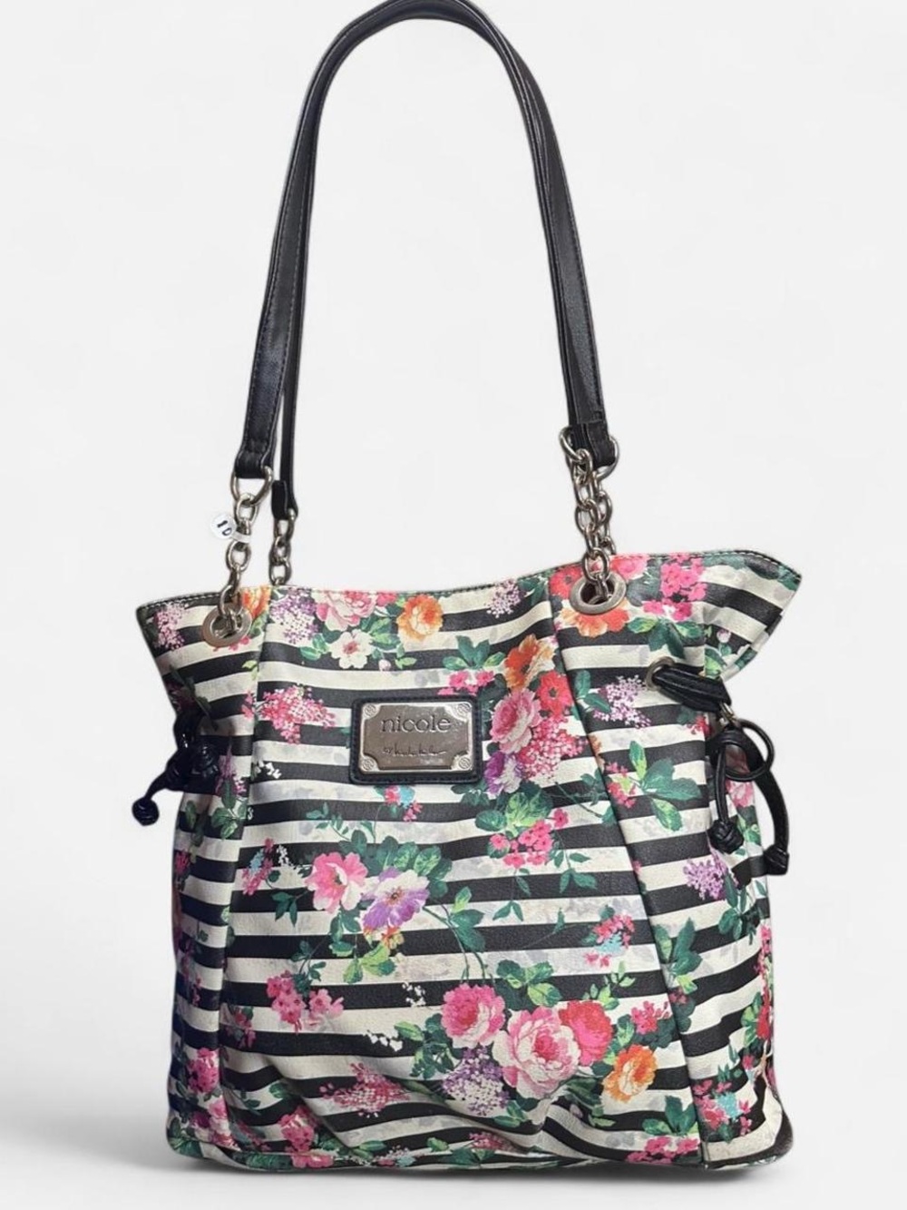 Nicole Miller Black & White Striped Floral Tote with Pink & Green Accents